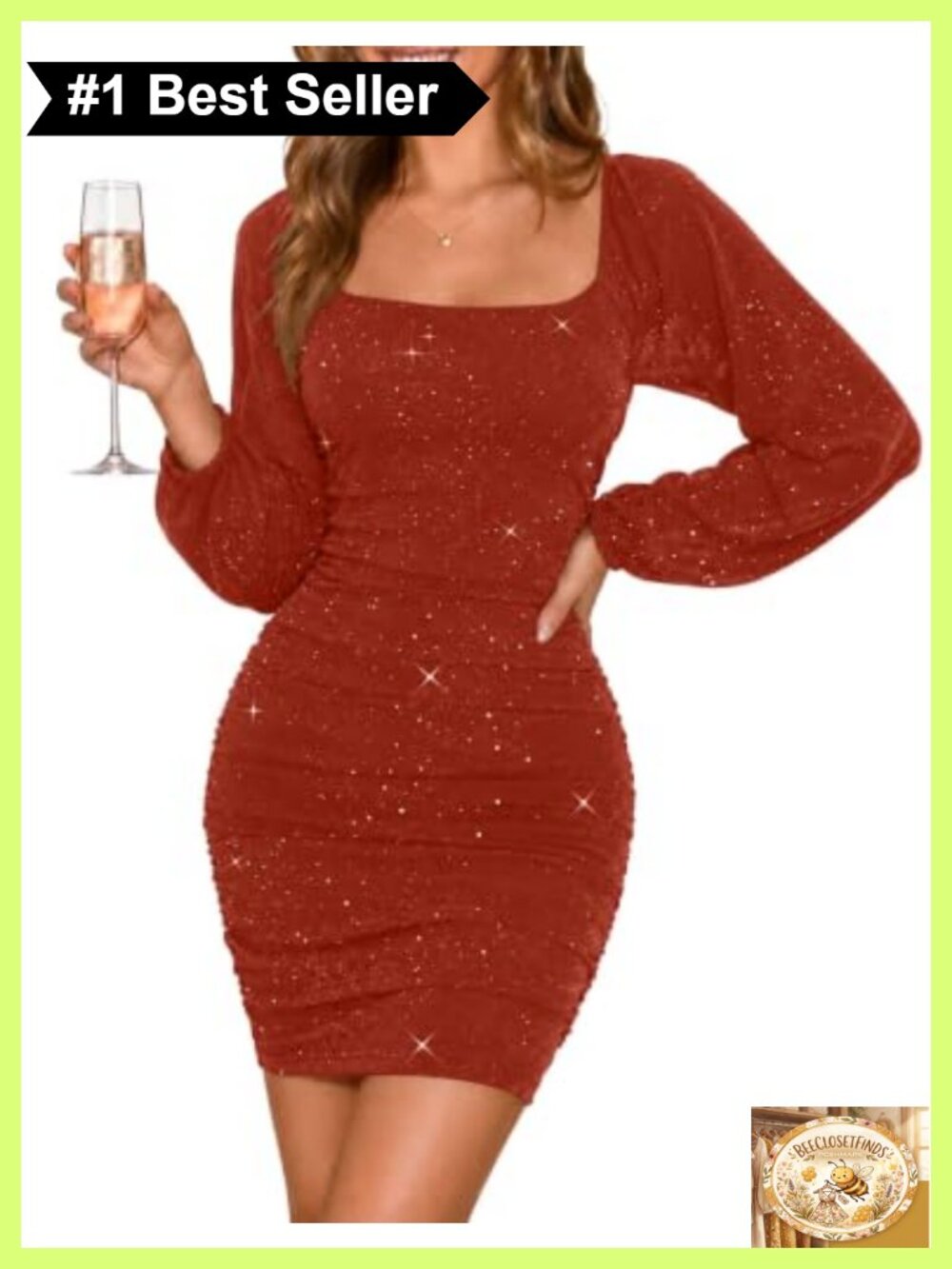 Sparkly Long Sleeve Mesh Ruched Bodycon Mini Cocktail Dress